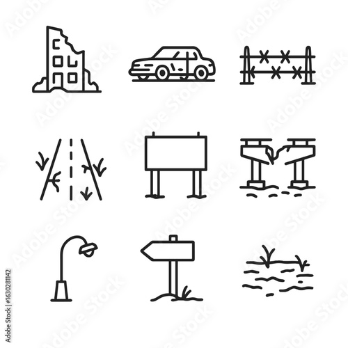 Post-Apocalyptic Icon Set. Outline icon set of post-apocalyptic ruins: collapsed building, rusted car, barbed wire, overgrown road