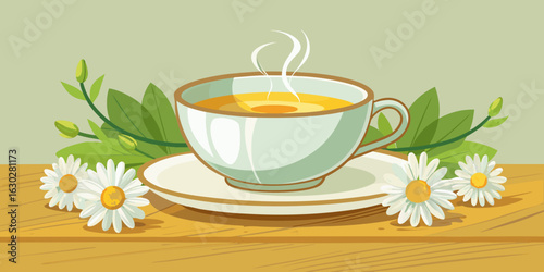 Aromatic chamomile tea with fresh daisies on a wooden table