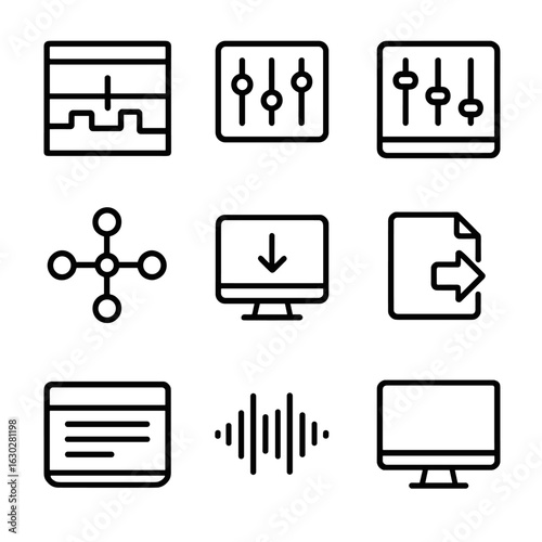 Post-Production Icons. Outline icon set of post-production workflow: editing timeline, color grading panel, sound mixer, visual