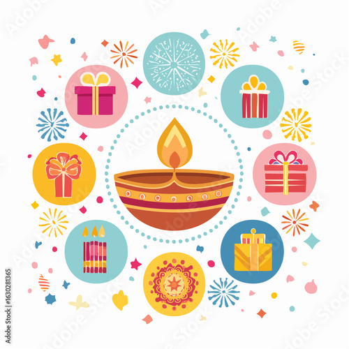 A festive vector illustration celebrating Diwali, the festival of lights, featuring a central Diya lamp surrounded by colorful gift and decoration icons