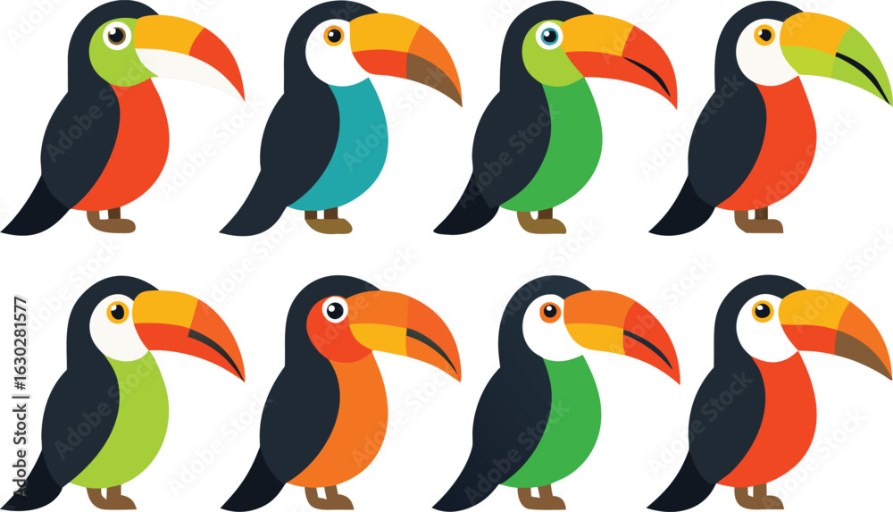 Naklejka premium Colorful Cartoon Toucan Birds in Different Styles Vector Collection