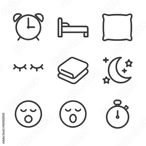 Power Nap Icons. Outline icon set of power nap: alarm clock, bed, pillow, closed eyes, blanket, moon, stars, yawning face,