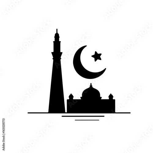 Islamic Mosque Silhouette with Crescent Moon and Star – Religious Architecture Symbol in Black and White, independence day