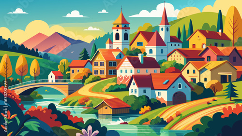 Charming european village with river and mountains
