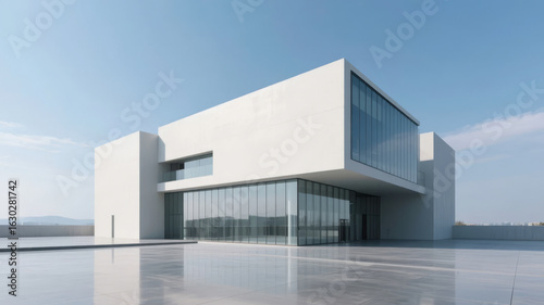 Modern minimalist building with large glass windows and a clean white facade under a clear blue sky.