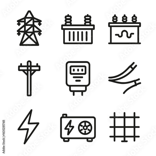 Power Transmission Icons. Outline icon set of power transmission: power line, transformer, substation, electric pole, energy meter