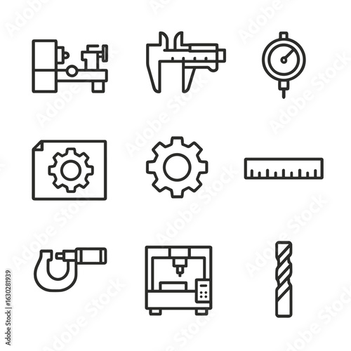 Precision Machining Icons. Outline icon set of machining precision: lathe, caliper, dial gauge, blueprint, gear, ruler, micrometer