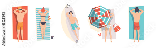 People Character on Seaside and Beach Sunbathing at Summer Vector Set
