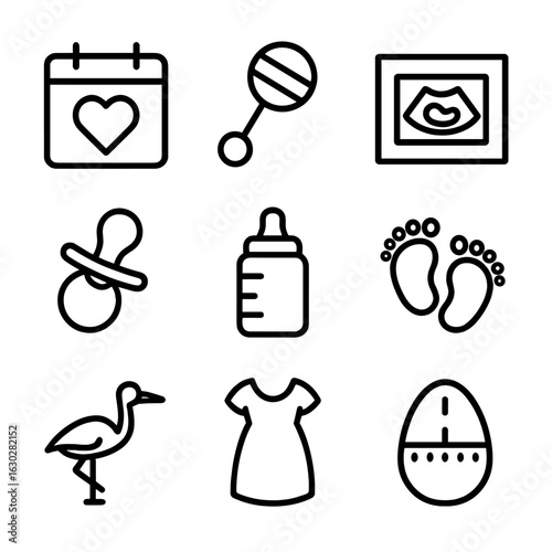 Pregnancy Icon Set. Outline icon set of pregnancy due date countdown: calendar heart, baby rattle, ultrasound image, pacifier,