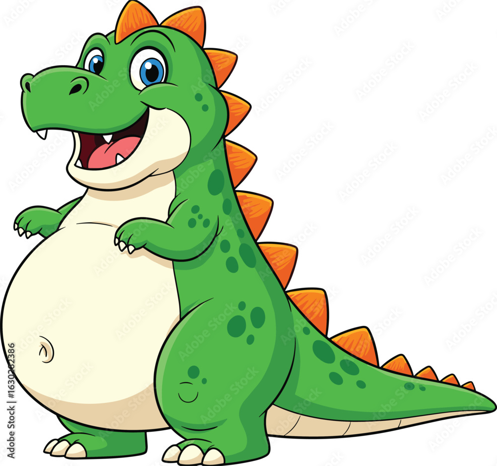 Naklejka premium Cheerful Cartoon Dinosaur Standing Upright — Green Prehistoric Character with Orange Spikes and Big Blue Eyes for Kids and Educational Themes