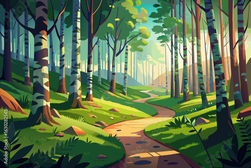 Sunlit forest path winding through birch and pine trees