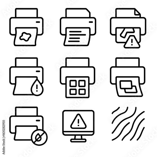 Print and Nature Icons. Outline icon set of print quality and errors: smudge, streak, paper jam, low ink, color calibration, print