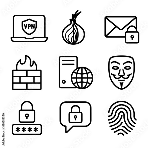 Privacy Tools Icons. Outline icon set of privacy tools: VPN, Tor browser, encrypted email, firewall, proxy server, anonymous mask,