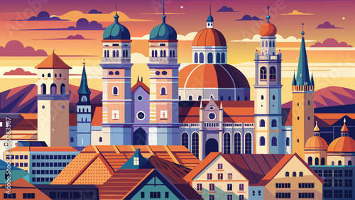Munich Cathedral, known as Liebfrauenkirche, rises proudly in the German skyline. Its iconic twin domes crown the old city, where architectural grace meets history in a semi-realistic vector compositi
