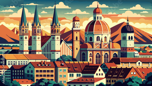 Munich Cathedral, known as Liebfrauenkirche, rises proudly in the German skyline. Its iconic twin domes crown the old city, where architectural grace meets history in a semi-realistic vector compositi