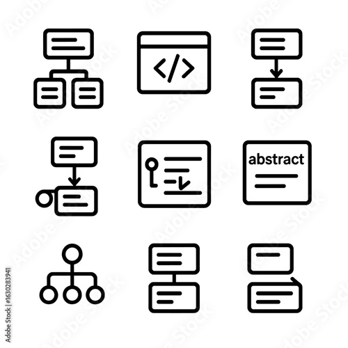 Programming Inheritance Icons. Outline icon set of inheritance in programming: class inheritance, object-oriented code, parent