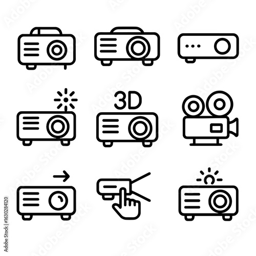 Projector Icon Grid. Outline icon set of projector types: portable projector, home theater projector, pico projector, laser