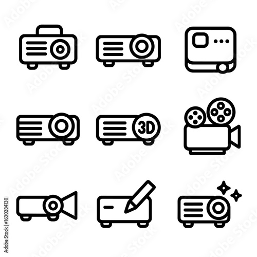 Projector Icon Grid. Outline icon set of projector types: portable projector, home theater projector, pico projector, laser