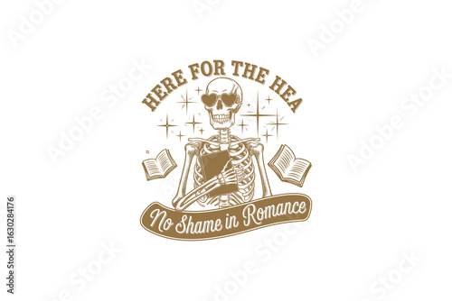 A skeleton holding a book with a playful expression. Surrounding elements include open books and sparkles. The quote emphasizes love for romance novels.