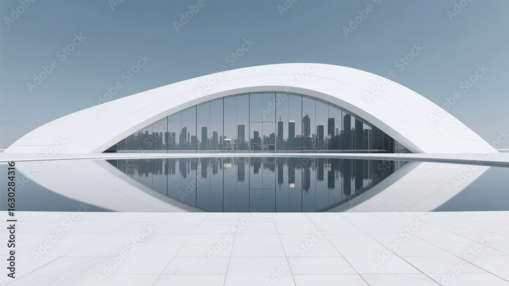 Obraz premium Modern Architectural Structure with Curved Design and Cityscape Reflection