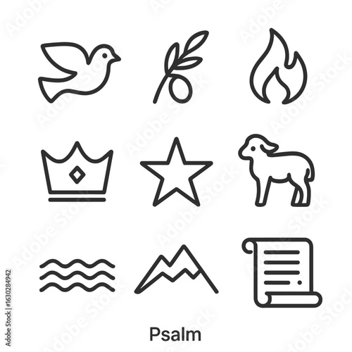 Psalm Symbols Icon Set. Outline icon set of psalm symbols: dove, olive branch, flame, crown, star, lamb, water, mountain, scroll.