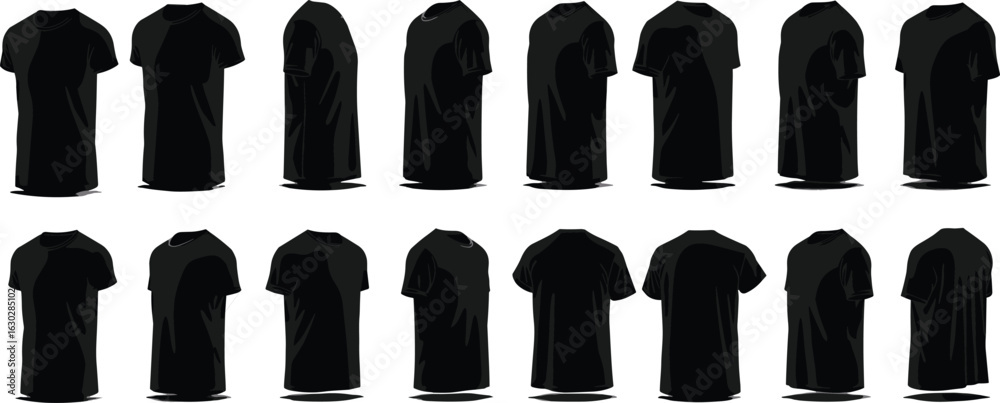 Fototapeta premium T-Shirt Silhouette Set — 16 Black Tees with Blue Outlines in Front, Side, and Back Views for Apparel Design Projects