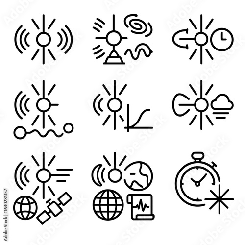 Pulsar Application Icons. Outline icon set of pulsar timing applications: gravitational wave detection, spacecraft navigation,