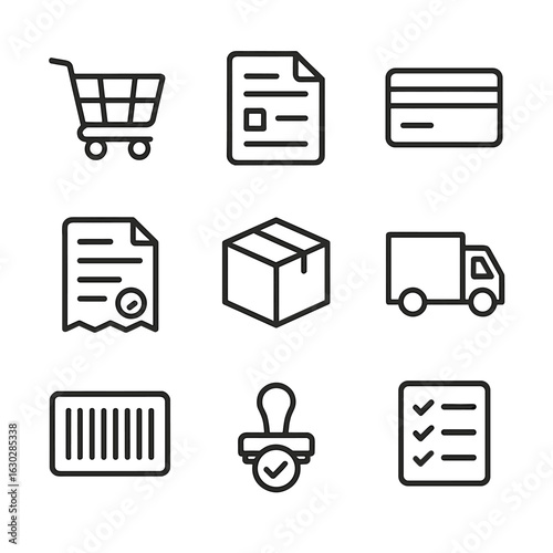 Purchase Order Icons. Outline icon set of purchase orders: shopping cart, invoice, credit card, receipt, package, delivery truck,