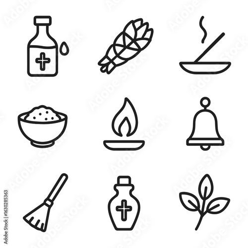 Purification Icon Set. Outline icon set of purification items: holy water, sage bundle, incense stick, salt bowl, purification