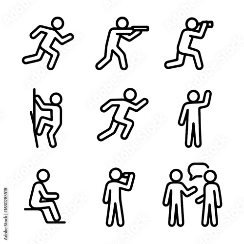 Pursuit Gesture Icons. Outline icon set of pursuit gestures and actions: sprinting, aiming, tracking, climbing, jumping, signaling