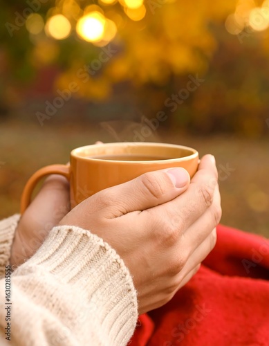 Cozy hands holding a steaming mug of hot tea or coffee outdoors in a beautiful autumn park, warm golden bokeh background.