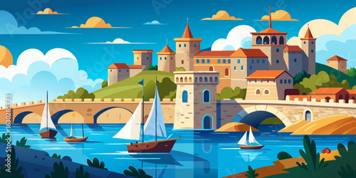Sailboats glide past a medieval castle on a sunny day