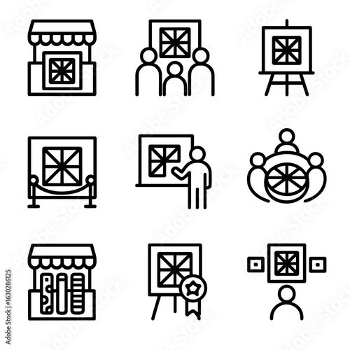 Quilt Event Icons. Outline icon set of quilt exhibition and events: craft fair, quilting bee, art show, museum display, workshop,