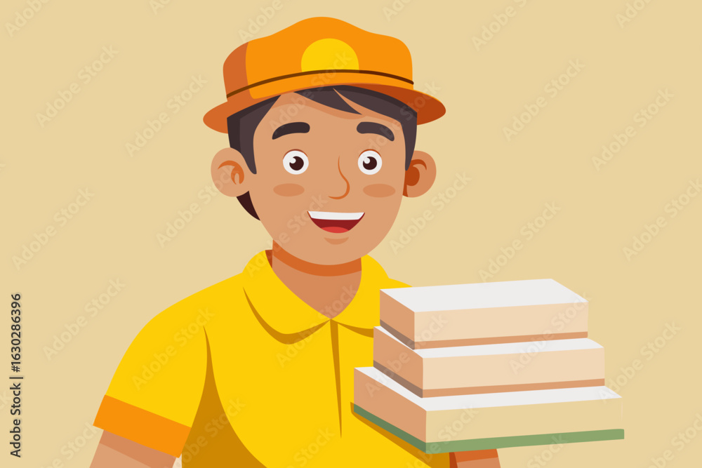 Smiling delivery person holding stack of boxes Smiling delivery person holding stack of boxes