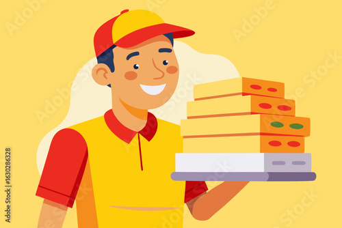 Smiling delivery person holding a stack of pizza boxes