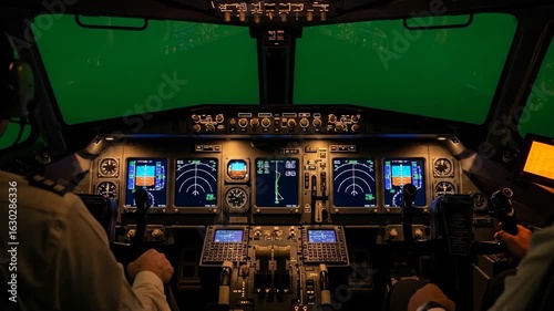 Inside a Boeing 737 cockpit at night, showcasing advanced avionics and navigation systems,A pilot's point of view in a modern airplane simulator with detailed instruments and controls