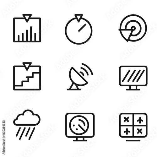 Radar Signal Icons. Outline icon set of radar signal types: pulse radar, continuous wave radar, Doppler radar, FMCW radar,