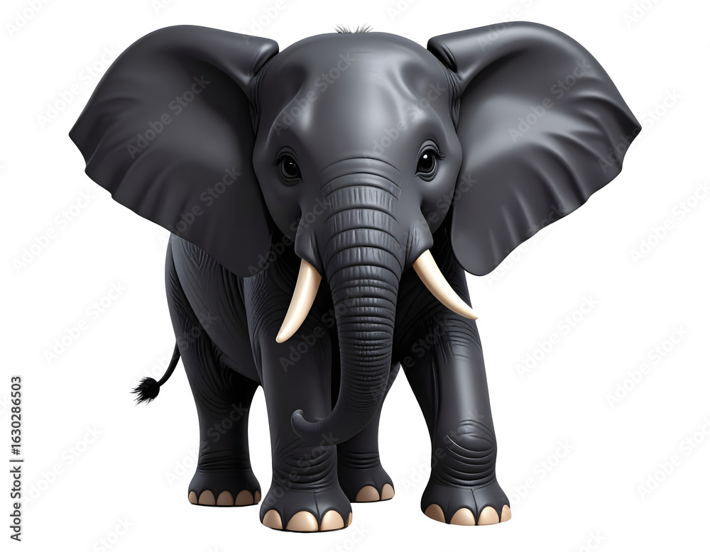 Obraz premium 3D cartoon black elephant with white tusks and large ears, standing and facing forward, isolated on white