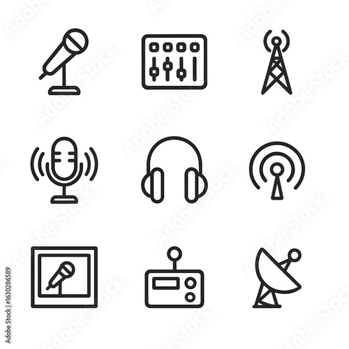 Radio Broadcast Icons. Outline icon set of radio broadcasting: microphone, studio mixer, radio tower, broadcast satellite, podcast