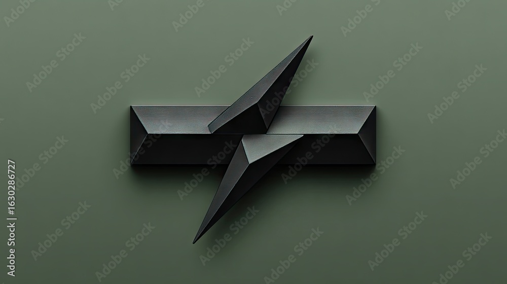 Fototapeta premium Geometric black lightning bolt design on a muted olive background.