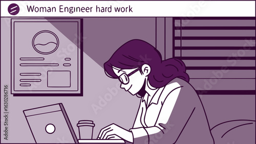 Dedicated Woman Engineer Working Late at Night.