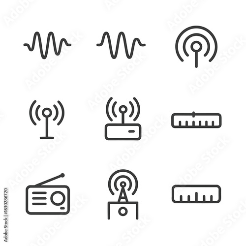 Radio Frequency Icons. Outline icon set of frequency in radio: AM frequency, FM frequency, radio wave, antenna, signal booster,
