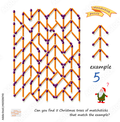 Logic puzzle game with matches for smartest. Can you find 5 Christmas trees of matchsticks that match the example? Page for brain teaser book. Developing spatial thinking skills. Vector illustration.