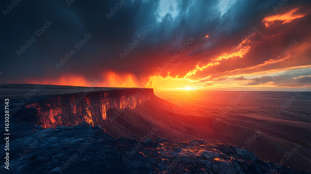Naklejka premium Dramatic disaster background featuring an intense sunset illuminating a rugged landscape. Cliffs glow orange against dark rocks and ominous clouds. Evokes power and intensity.
