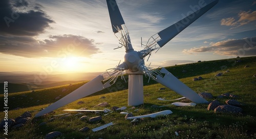 Broken wind turbine blade sunset landscape