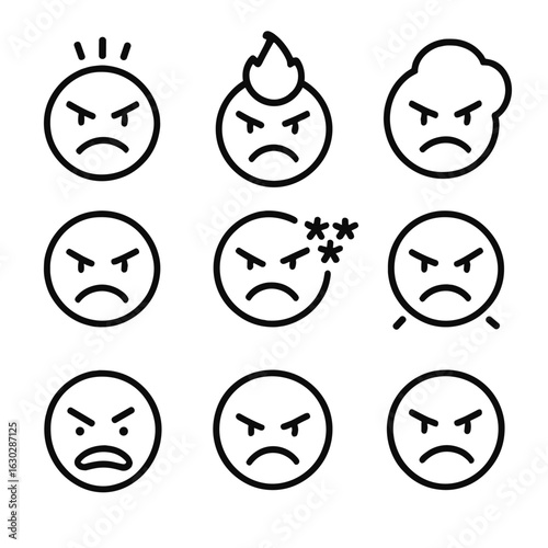 Rage Emotion Icons. Outline icon set of rage emotions: frustration, fury, irritation, wrath, annoyance, hostility, rage, anger,