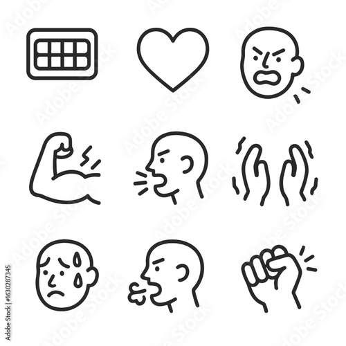 Rage Icons Set. Outline icon set of rage physical signs: clenched teeth, pounding heart, flushed face, tense muscles, raised voice