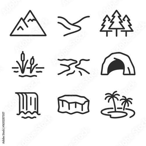Rain Cycle Icons. Outline icon set of rain cycle related natural features: mountain, valley, forest, wetland, river delta, cave,