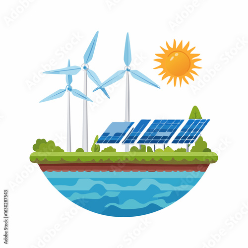 Concept of sustainable living with a floating green island powered by renewable wind turbines and solar panels under a bright sun.