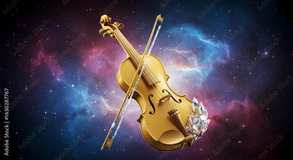 Fototapeta premium Symphony of the Stars: Golden Violin in the Cosmic Realm